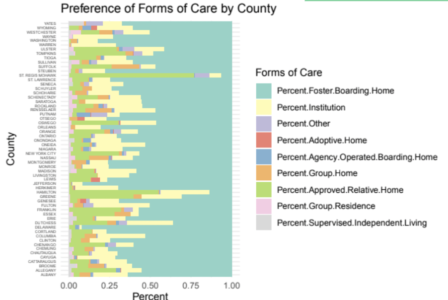 A graph I created showing the distributions of forms of care given to foster children in each county in New York